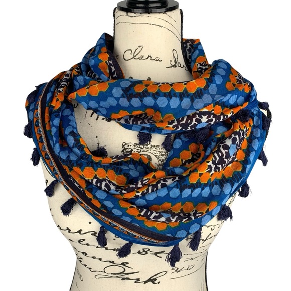 Bohemian Blue & Orange Geometric Hexagon Diamond Print Infinity Scarf Tassels - Picture 1 of 12